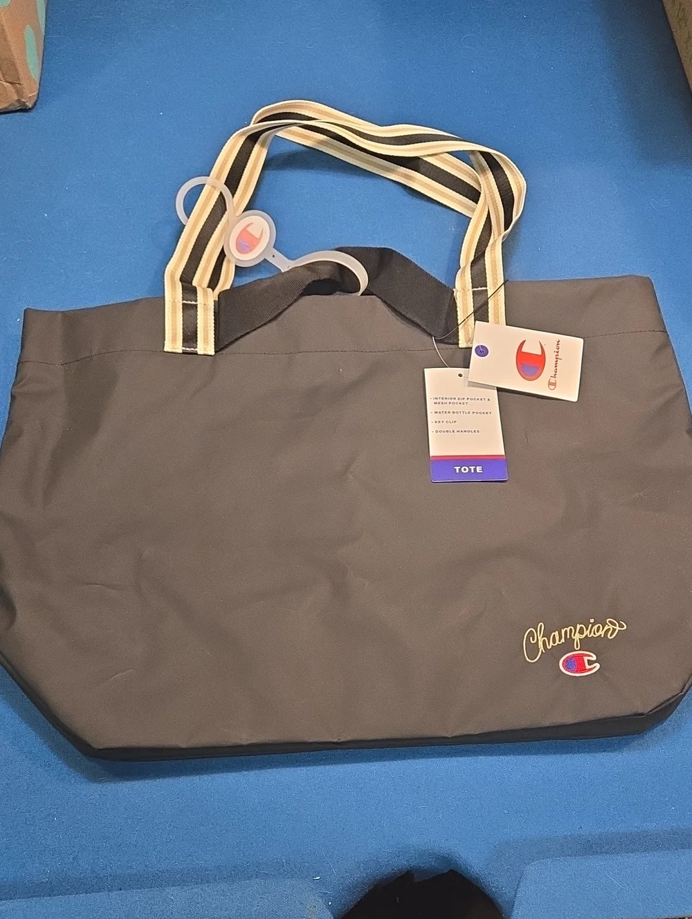 Champion Black Tote Bag with Striped Handles